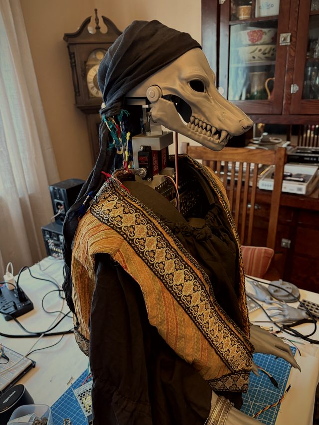 Grandmother Lupa in profile: a pale wolf skull with bared teeth under a dark headscarf