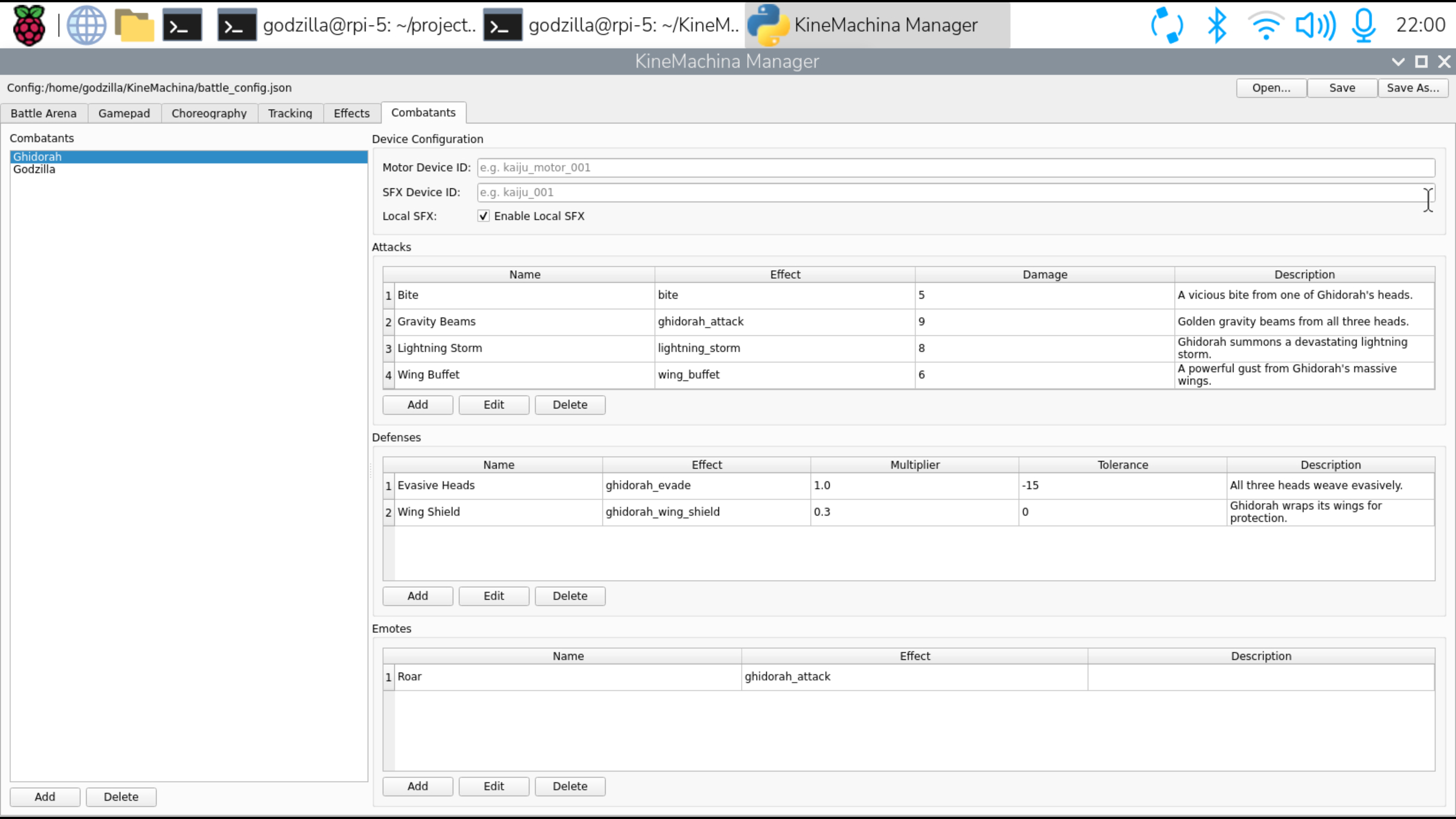 Combatants configuration tab showing attacks, defenses, and emotes for Ghidorah with damage values and effect names