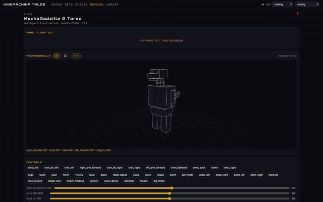 The device page for MechaGodzilla 2 Torso: a 3D wireframe maquette that follows the bus, named pose and motion buttons such as rage, taunt, finger_missiles and big_finish, and sliders for the right shoulder, torso and head