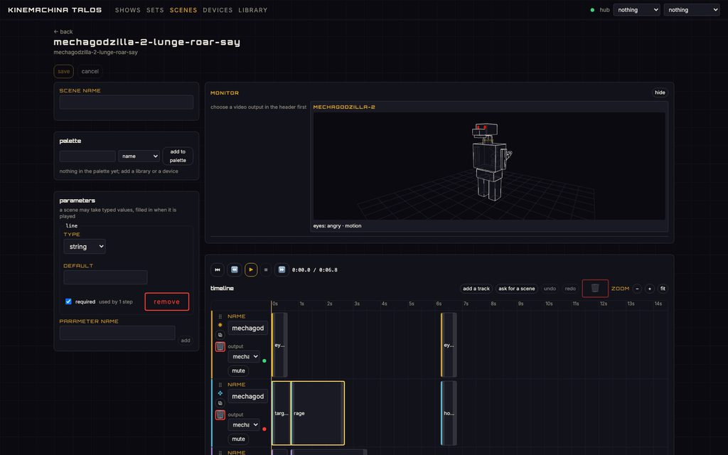 The Talos scene editor with the MechaGodzilla lunge-roar-say scene open: a wireframe MechaGodzilla in the monitor panel with its eyes set to angry, a parameters panel declaring a required spoken line, and a timeline with lights and motion tracks holding target-lock and rage clips across a 6.8 second scene