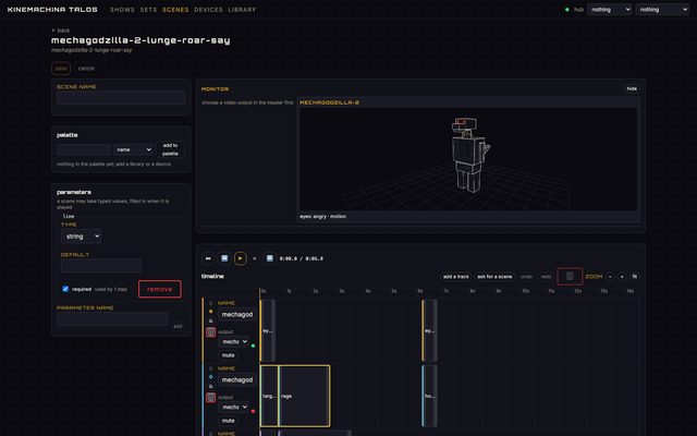Scene editor: MechaGodzilla wireframe in the monitor, a required line parameter, and lights and motion tracks on the timeline