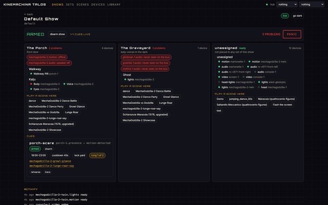 The Default Show in live mode: an armed banner with a red PANIC button, set cards for The Porch and The Graveyard listing their devices and readiness problems, play-a-scene chips, and the porch-scare cue card with its evening window, 45 second cooldown, yard lock, rung 1 of 2, and rehearse and trace buttons